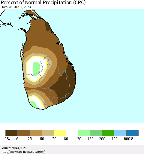 Sri Lanka Percent of Normal Precipitation (CPC) Thematic Map For 12/26/2022 - 1/1/2023