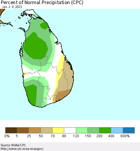 Sri Lanka Percent of Normal Precipitation (CPC) Thematic Map For 1/2/2023 - 1/8/2023