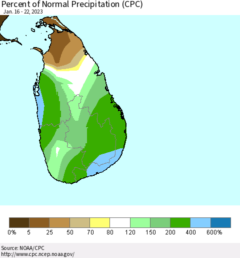 Sri Lanka Percent of Normal Precipitation (CPC) Thematic Map For 1/16/2023 - 1/22/2023