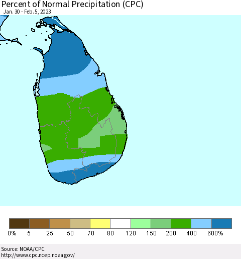 Sri Lanka Percent of Normal Precipitation (CPC) Thematic Map For 1/30/2023 - 2/5/2023