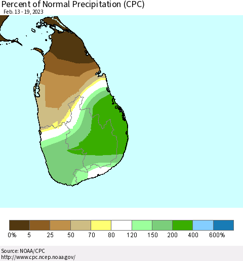 Sri Lanka Percent of Normal Precipitation (CPC) Thematic Map For 2/13/2023 - 2/19/2023