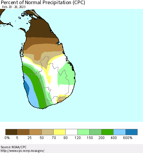 Sri Lanka Percent of Normal Precipitation (CPC) Thematic Map For 2/20/2023 - 2/26/2023