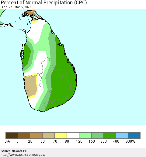 Sri Lanka Percent of Normal Precipitation (CPC) Thematic Map For 2/27/2023 - 3/5/2023