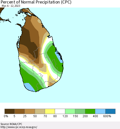 Sri Lanka Percent of Normal Precipitation (CPC) Thematic Map For 3/6/2023 - 3/12/2023