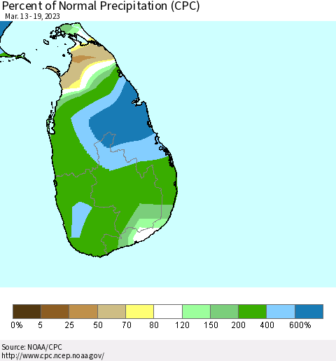 Sri Lanka Percent of Normal Precipitation (CPC) Thematic Map For 3/13/2023 - 3/19/2023