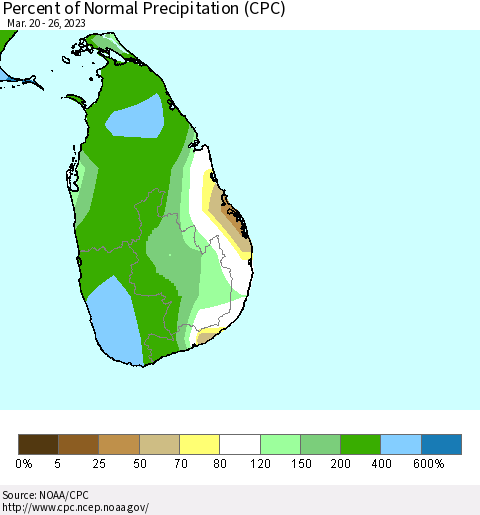 Sri Lanka Percent of Normal Precipitation (CPC) Thematic Map For 3/20/2023 - 3/26/2023