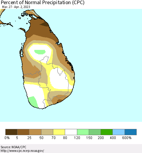 Sri Lanka Percent of Normal Precipitation (CPC) Thematic Map For 3/27/2023 - 4/2/2023