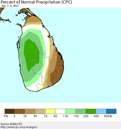 Sri Lanka Percent of Normal Precipitation (CPC) Thematic Map For 4/3/2023 - 4/9/2023