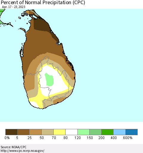Sri Lanka Percent of Normal Precipitation (CPC) Thematic Map For 4/17/2023 - 4/23/2023