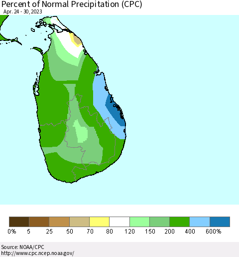 Sri Lanka Percent of Normal Precipitation (CPC) Thematic Map For 4/24/2023 - 4/30/2023