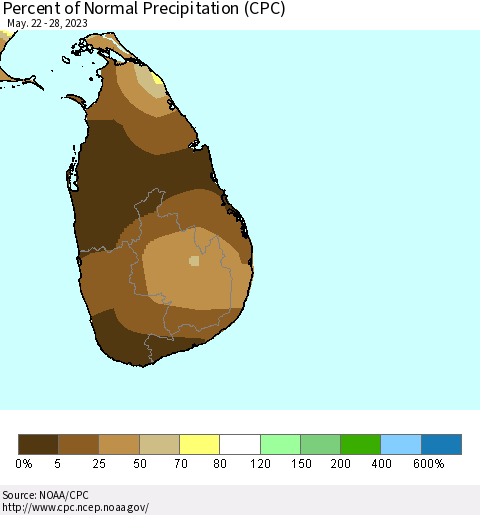 Sri Lanka Percent of Normal Precipitation (CPC) Thematic Map For 5/22/2023 - 5/28/2023