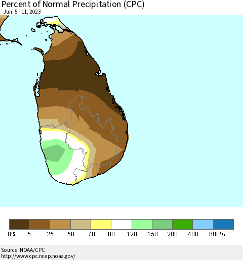 Sri Lanka Percent of Normal Precipitation (CPC) Thematic Map For 6/5/2023 - 6/11/2023