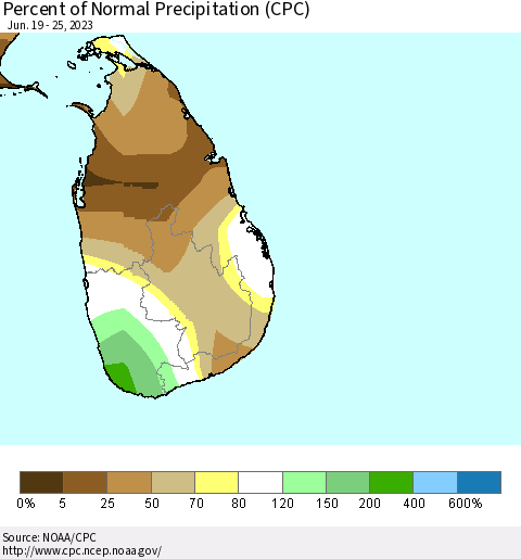 Sri Lanka Percent of Normal Precipitation (CPC) Thematic Map For 6/19/2023 - 6/25/2023