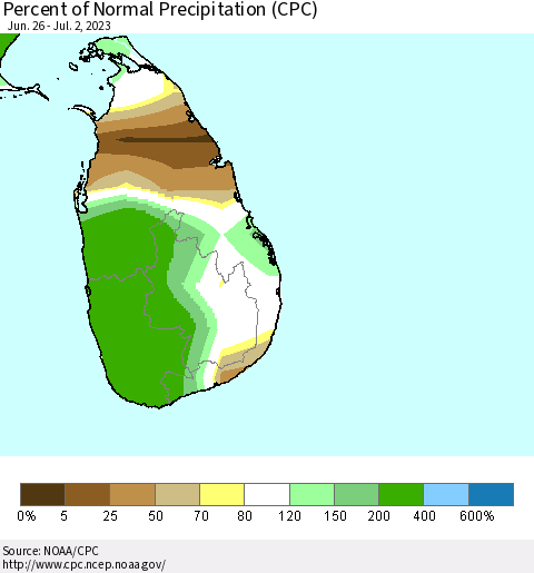 Sri Lanka Percent of Normal Precipitation (CPC) Thematic Map For 6/26/2023 - 7/2/2023