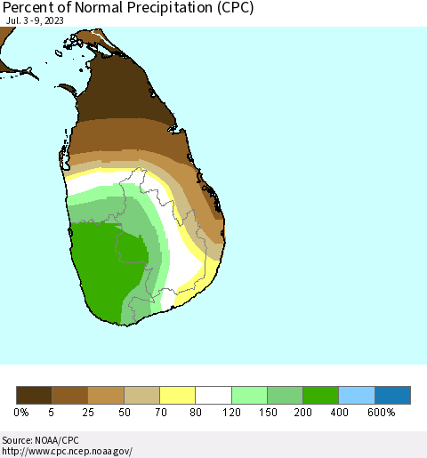 Sri Lanka Percent of Normal Precipitation (CPC) Thematic Map For 7/3/2023 - 7/9/2023