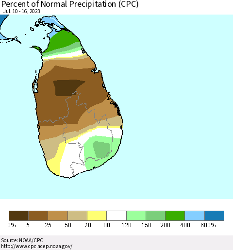 Sri Lanka Percent of Normal Precipitation (CPC) Thematic Map For 7/10/2023 - 7/16/2023