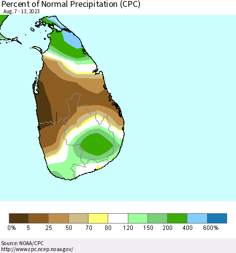 Sri Lanka Percent of Normal Precipitation (CPC) Thematic Map For 8/7/2023 - 8/13/2023