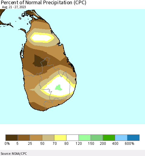 Sri Lanka Percent of Normal Precipitation (CPC) Thematic Map For 8/21/2023 - 8/27/2023