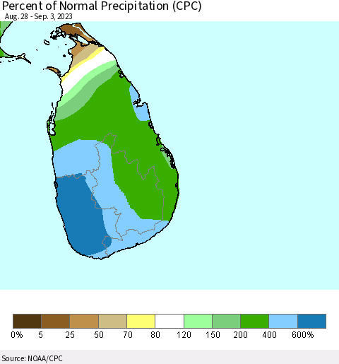 Sri Lanka Percent of Normal Precipitation (CPC) Thematic Map For 8/28/2023 - 9/3/2023
