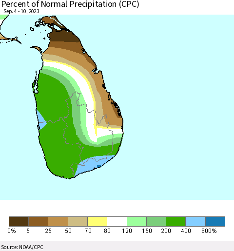 Sri Lanka Percent of Normal Precipitation (CPC) Thematic Map For 9/4/2023 - 9/10/2023