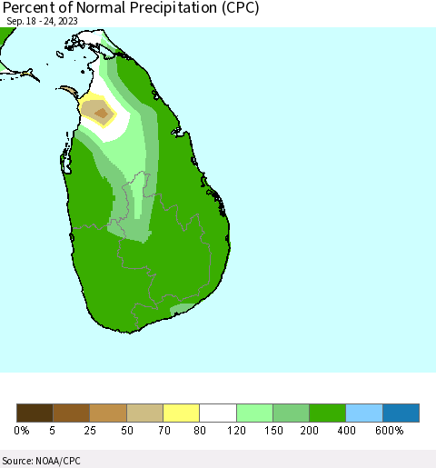 Sri Lanka Percent of Normal Precipitation (CPC) Thematic Map For 9/18/2023 - 9/24/2023