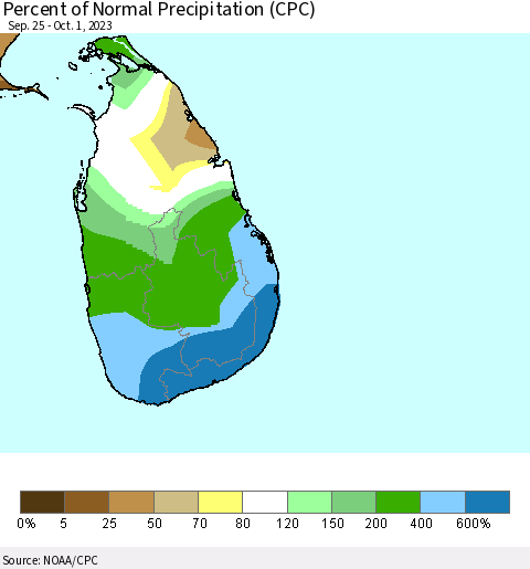 Sri Lanka Percent of Normal Precipitation (CPC) Thematic Map For 9/25/2023 - 10/1/2023