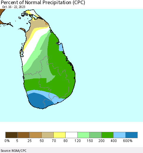 Sri Lanka Percent of Normal Precipitation (CPC) Thematic Map For 10/16/2023 - 10/22/2023