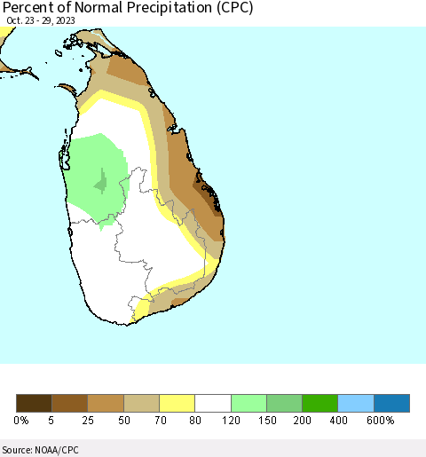 Sri Lanka Percent of Normal Precipitation (CPC) Thematic Map For 10/23/2023 - 10/29/2023