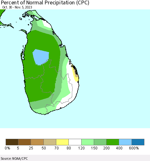 Sri Lanka Percent of Normal Precipitation (CPC) Thematic Map For 10/30/2023 - 11/5/2023