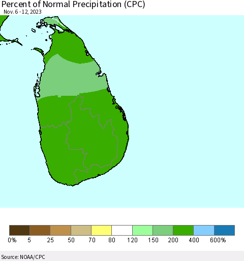 Sri Lanka Percent of Normal Precipitation (CPC) Thematic Map For 11/6/2023 - 11/12/2023