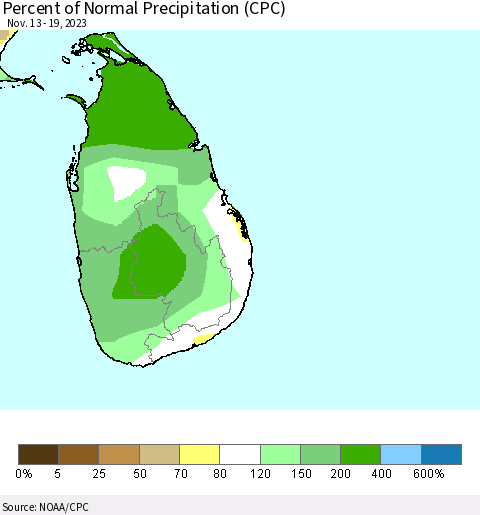 Sri Lanka Percent of Normal Precipitation (CPC) Thematic Map For 11/13/2023 - 11/19/2023