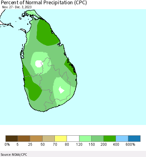 Sri Lanka Percent of Normal Precipitation (CPC) Thematic Map For 11/27/2023 - 12/3/2023