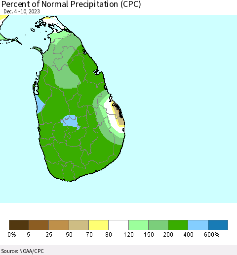 Sri Lanka Percent of Normal Precipitation (CPC) Thematic Map For 12/4/2023 - 12/10/2023