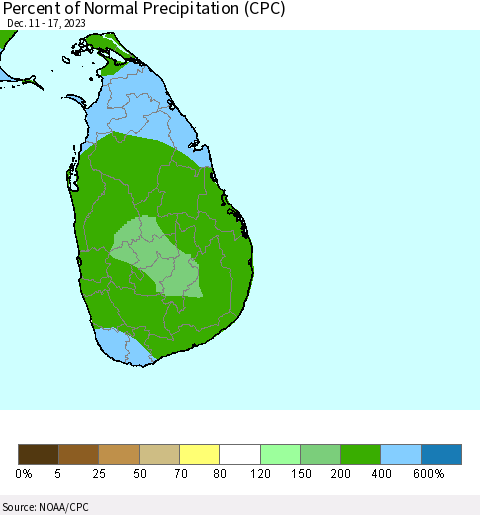 Sri Lanka Percent of Normal Precipitation (CPC) Thematic Map For 12/11/2023 - 12/17/2023