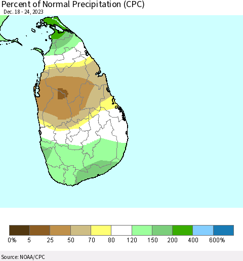 Sri Lanka Percent of Normal Precipitation (CPC) Thematic Map For 12/18/2023 - 12/24/2023
