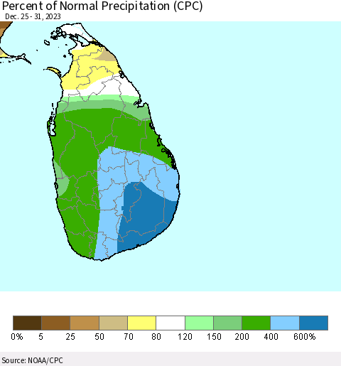 Sri Lanka Percent of Normal Precipitation (CPC) Thematic Map For 12/25/2023 - 12/31/2023