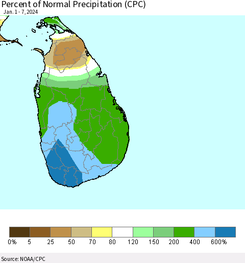 Sri Lanka Percent of Normal Precipitation (CPC) Thematic Map For 1/1/2024 - 1/7/2024