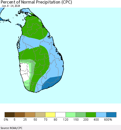 Sri Lanka Percent of Normal Precipitation (CPC) Thematic Map For 1/8/2024 - 1/14/2024