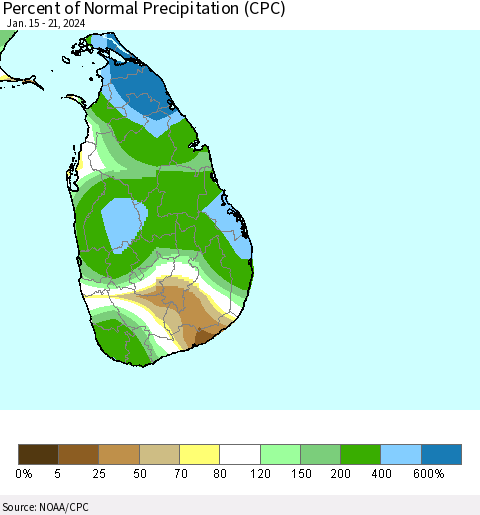 Sri Lanka Percent of Normal Precipitation (CPC) Thematic Map For 1/15/2024 - 1/21/2024