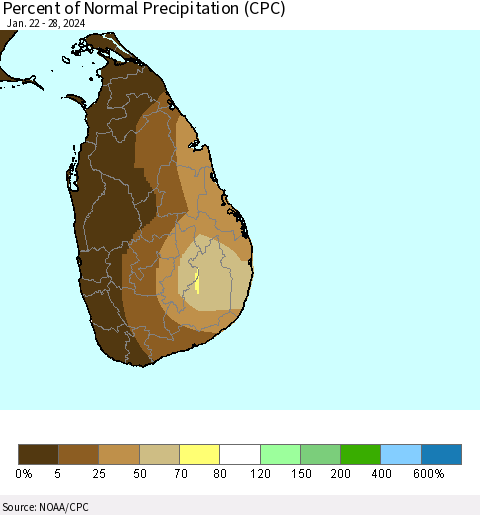 Sri Lanka Percent of Normal Precipitation (CPC) Thematic Map For 1/22/2024 - 1/28/2024