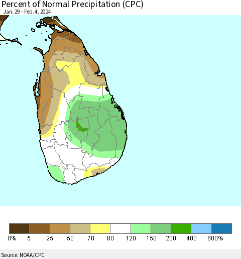 Sri Lanka Percent of Normal Precipitation (CPC) Thematic Map For 1/29/2024 - 2/4/2024