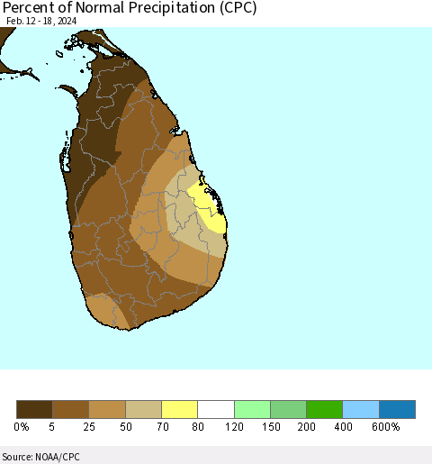 Sri Lanka Percent of Normal Precipitation (CPC) Thematic Map For 2/12/2024 - 2/18/2024