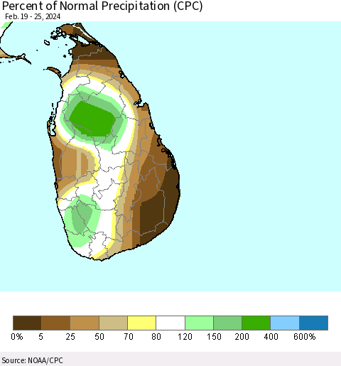 Sri Lanka Percent of Normal Precipitation (CPC) Thematic Map For 2/19/2024 - 2/25/2024