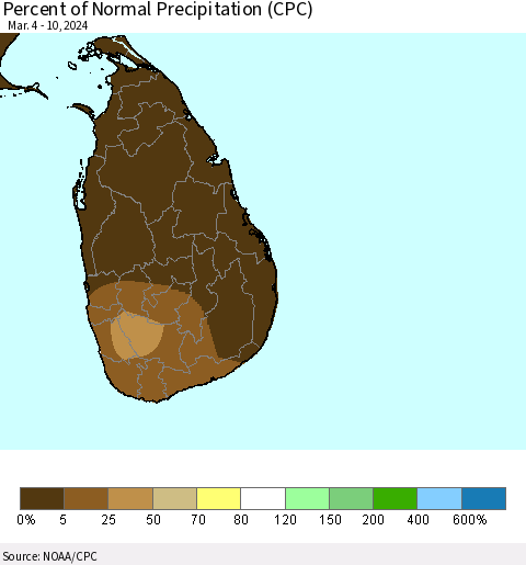 Sri Lanka Percent of Normal Precipitation (CPC) Thematic Map For 3/4/2024 - 3/10/2024