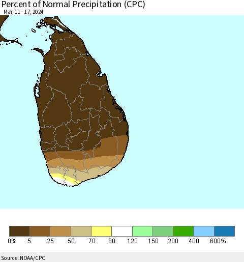 Sri Lanka Percent of Normal Precipitation (CPC) Thematic Map For 3/11/2024 - 3/17/2024