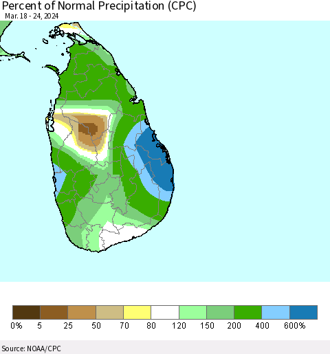 Sri Lanka Percent of Normal Precipitation (CPC) Thematic Map For 3/18/2024 - 3/24/2024