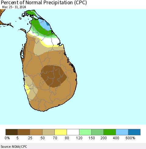 Sri Lanka Percent of Normal Precipitation (CPC) Thematic Map For 3/25/2024 - 3/31/2024