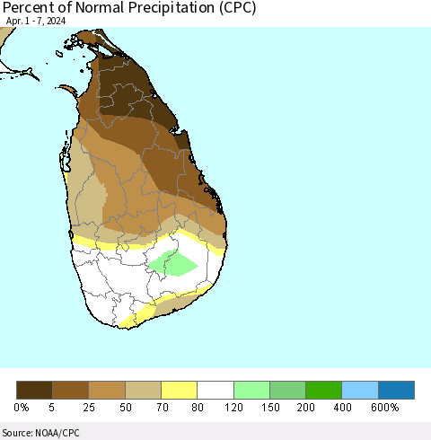 Sri Lanka Percent of Normal Precipitation (CPC) Thematic Map For 4/1/2024 - 4/7/2024