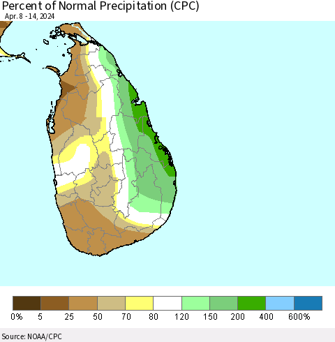 Sri Lanka Percent of Normal Precipitation (CPC) Thematic Map For 4/8/2024 - 4/14/2024