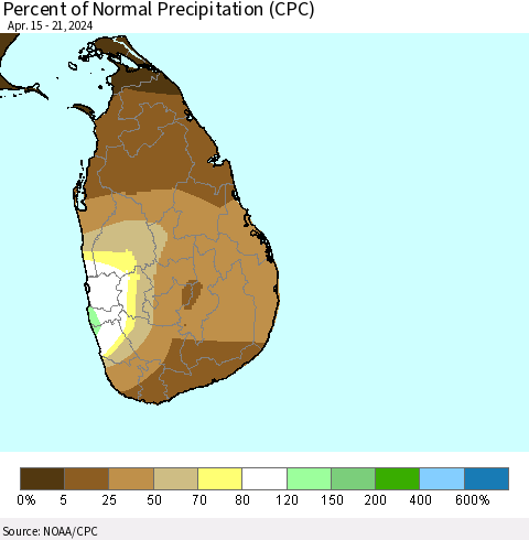 Sri Lanka Percent of Normal Precipitation (CPC) Thematic Map For 4/15/2024 - 4/21/2024